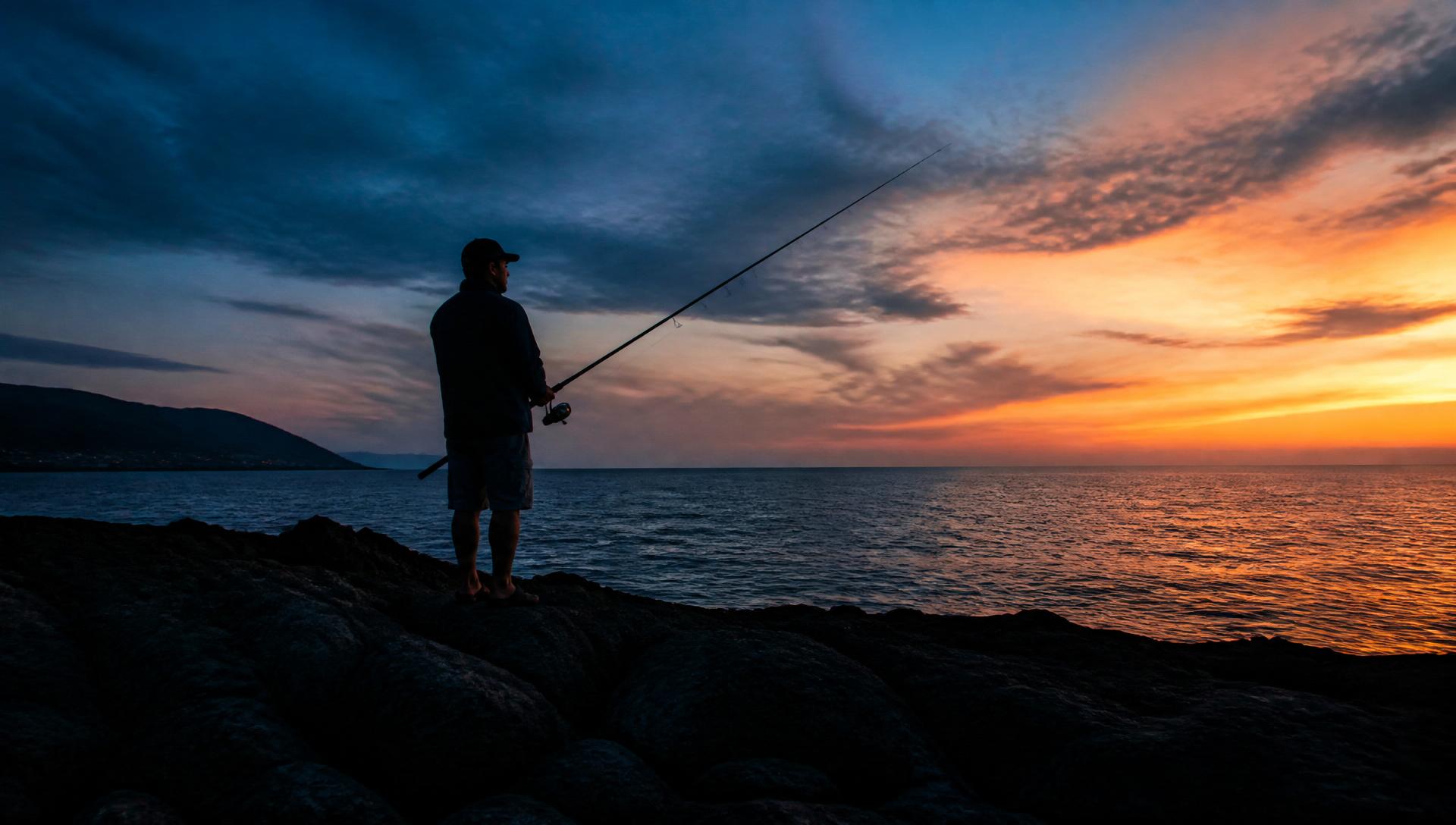 Pescador de eging al amanecer en la costa mediterránea